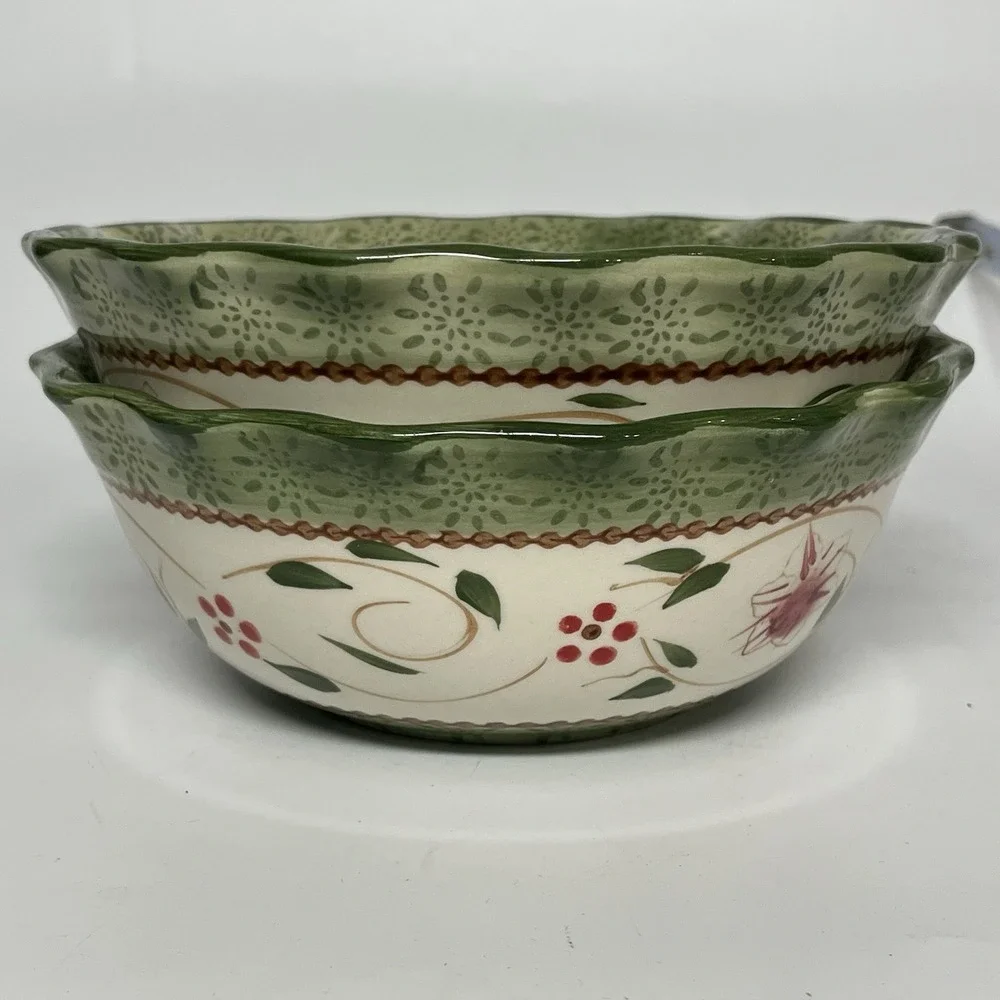 TEMP-TATIONS‎ Heritage Green Old World Floral Stoneware Soup BOWL SET